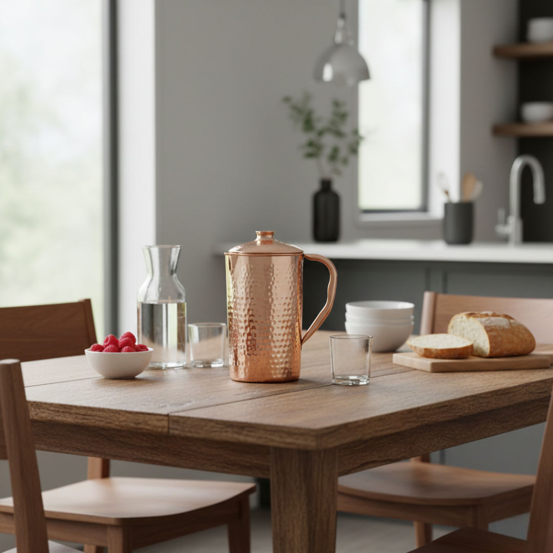 Pure copper hammered designer jug with lid, 1000 ML